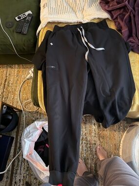 Figs womens Black Drawstring Joggers with Contrast White Ties